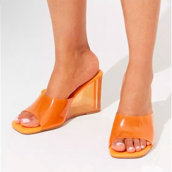 Torrid Sandal Orange Lucite Clear Heels Wedge Mule Slide - Picture 3 of 11